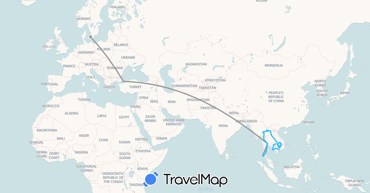TravelMap itinerary: driving, plane, boat in Denmark, Cambodia, Laos, Thailand, Turkey, Vietnam (Asia, Europe)